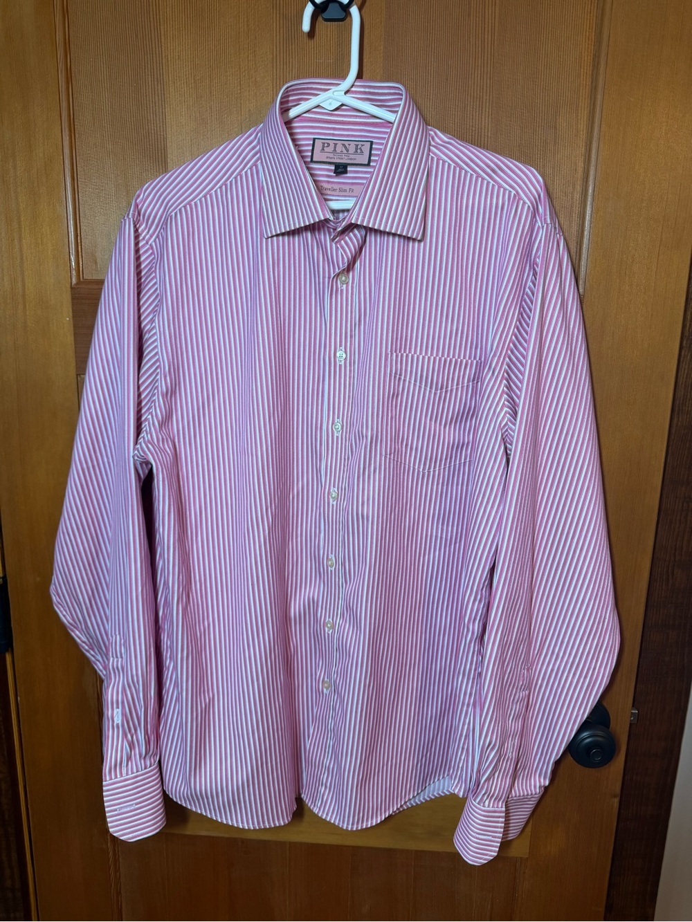 Thomas Pink Pink and White Traveler Slim Fit Dress Shirt Ivy League Corporate